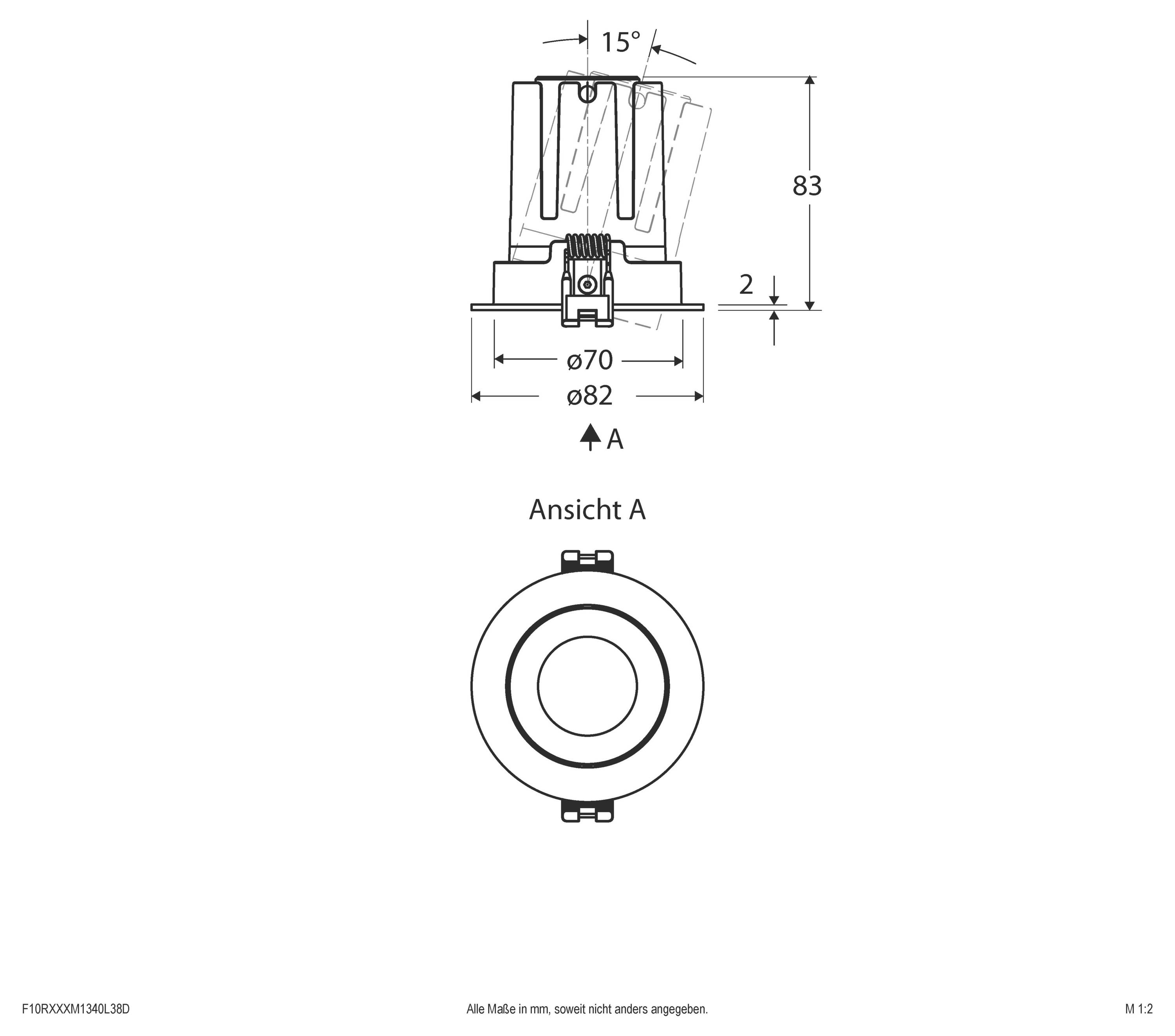 Technische Zeichnung eines zylindrischen Bauteils mit Draufsicht und Vorderansicht, das eine 15°-Verjüngung, 83 mm Höhe und 70/82 mm Durchmesser zeigt.
