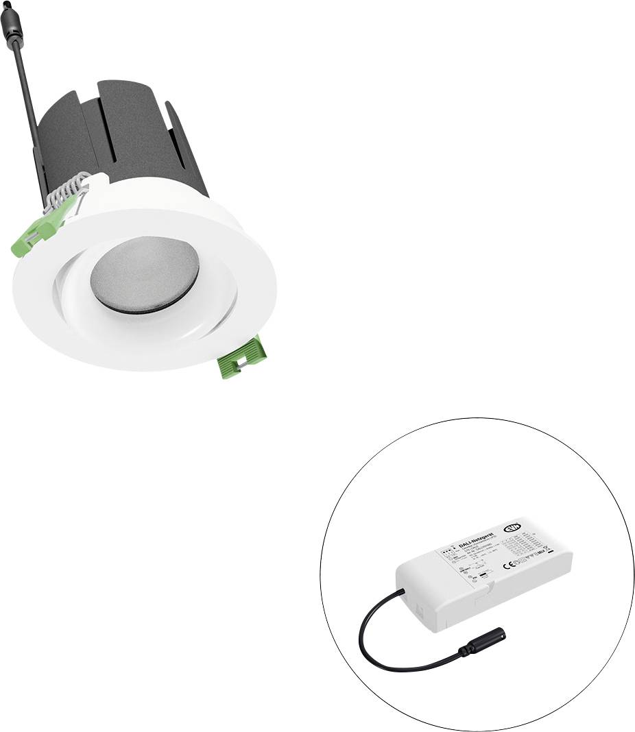 Eingelassene LED-Einbauleuchte mit integriertem Treiber in einem Ausschnittkreis dargestellt.