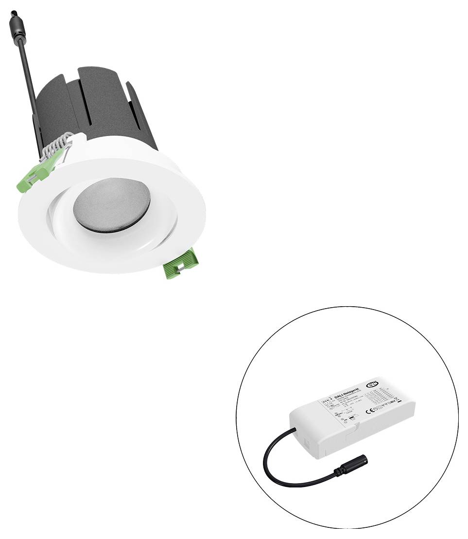 Eingebaute Downlight-Leuchte mit Federclips und externem LED-Treiber, dargestellt in einem eingefügten Kreis.