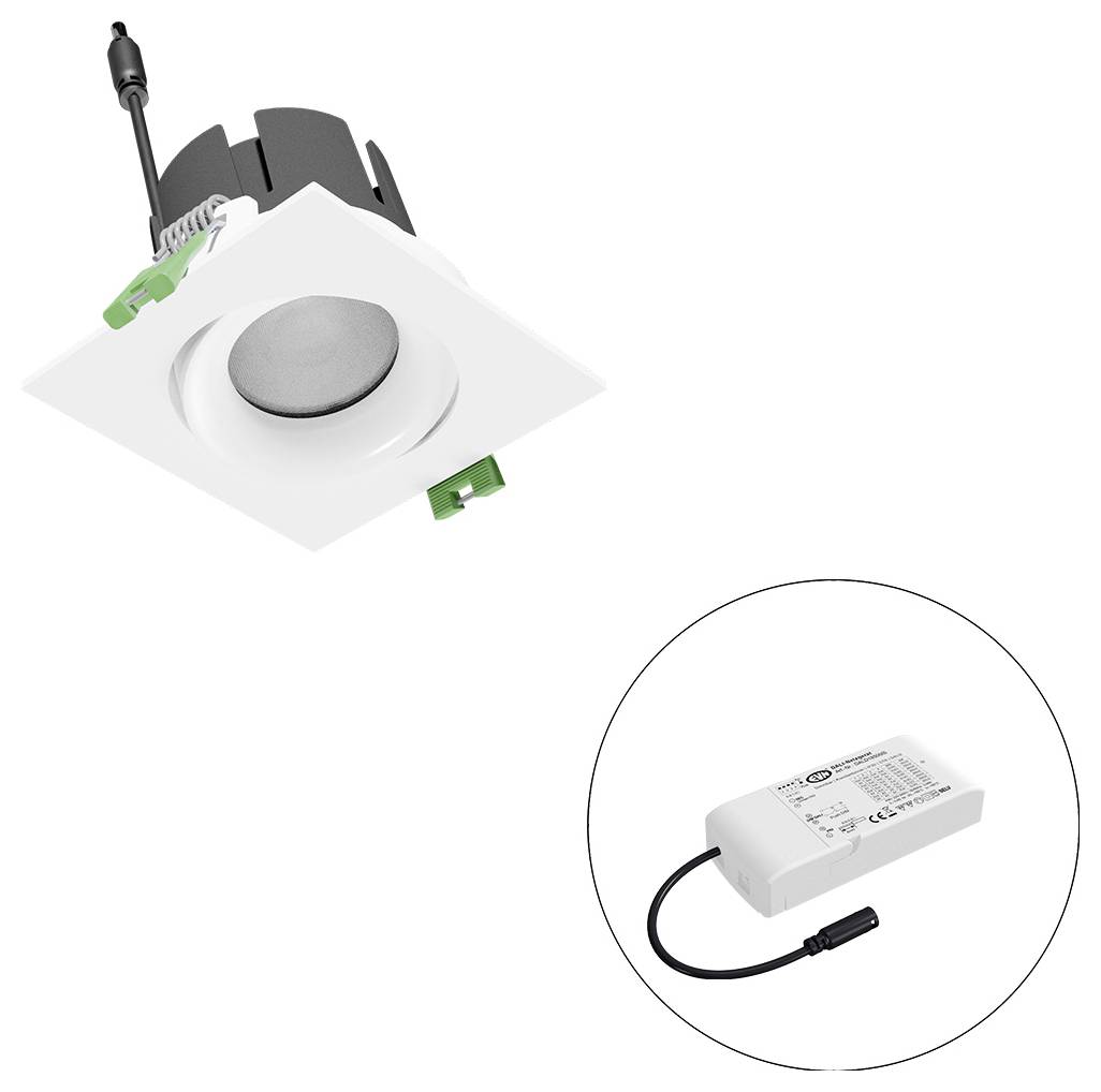 Eingebauter Downlight mit weißem quadratischem Rahmen und LED-Treiber/Stromversorgung in der Vergrößerung für die Installation dargestellt.