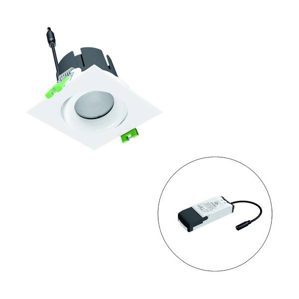 LED-Einbaustrahler mit quadratischer Form und externem Vorschaltgerät. Geeignet für Deckeninstallation.