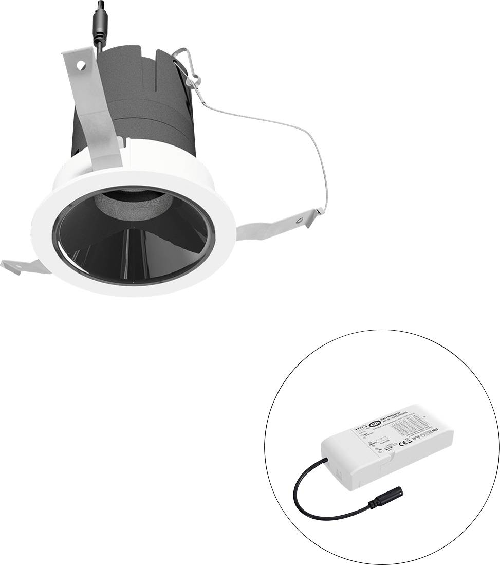Eingebauter Deckenspotlight mit weißem Rand und separatem Treibermodul in einem kreisförmigen Ausschnitt dargestellt.