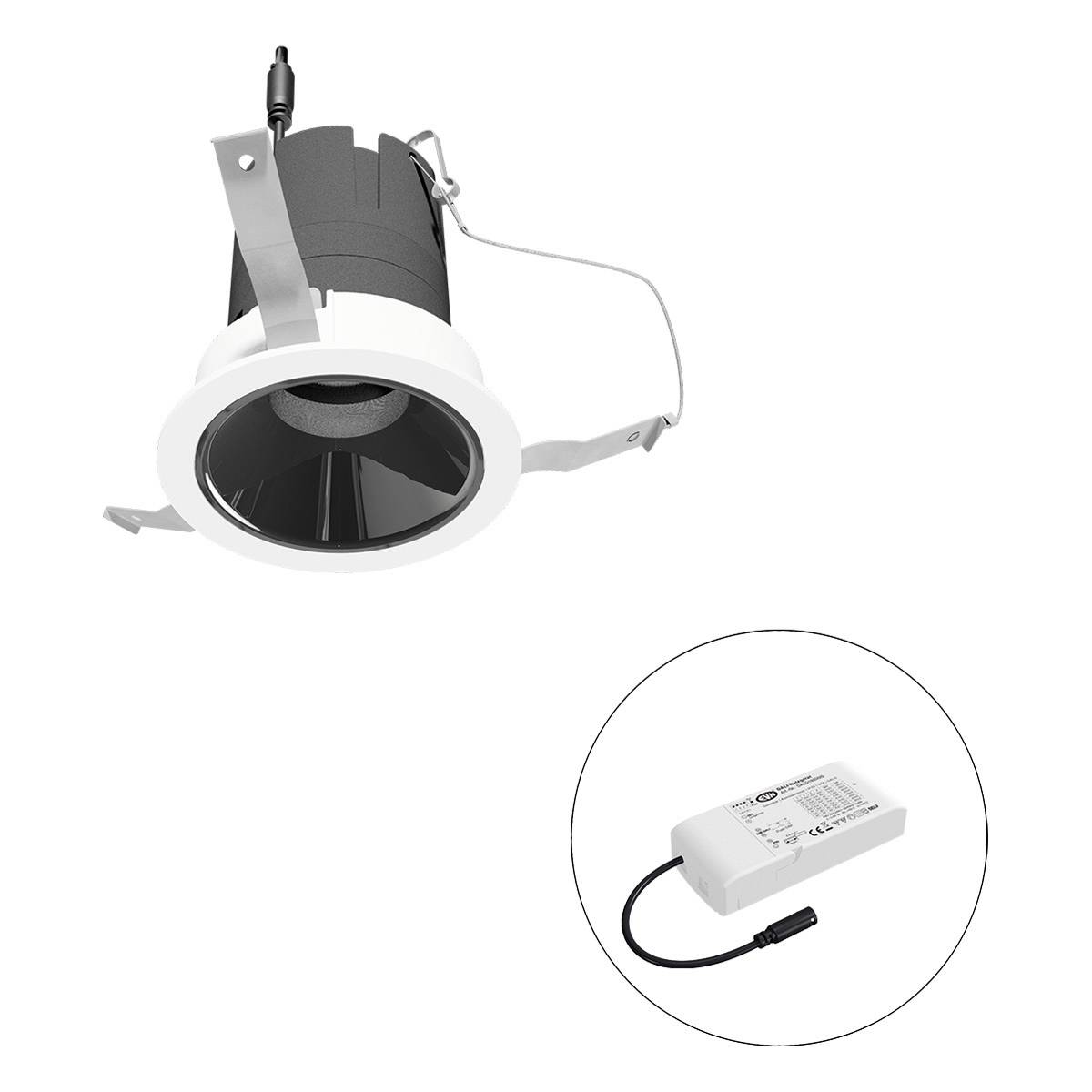 Einbaustrahler mit rundem, schwarzem Innenreflektor und LED-Treiber im Kreis daneben. Geeignet für Deckenmontage in modernen Räumen.