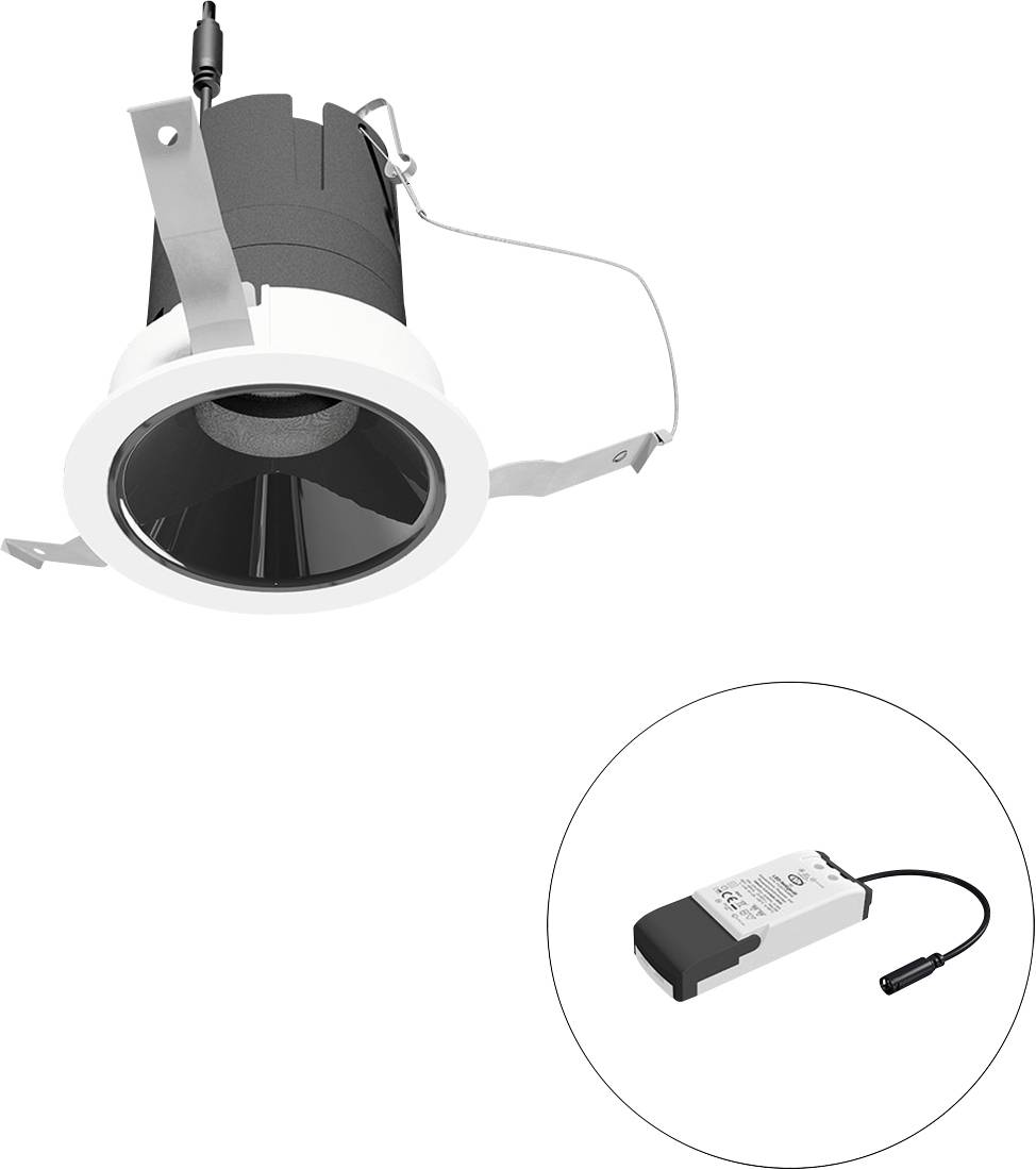 Bündig eingebaute LED-Downlight-Leuchte mit Befestigungsfedern und separates Treibermodul in der eingekreisten Vergrößerung dargestellt.