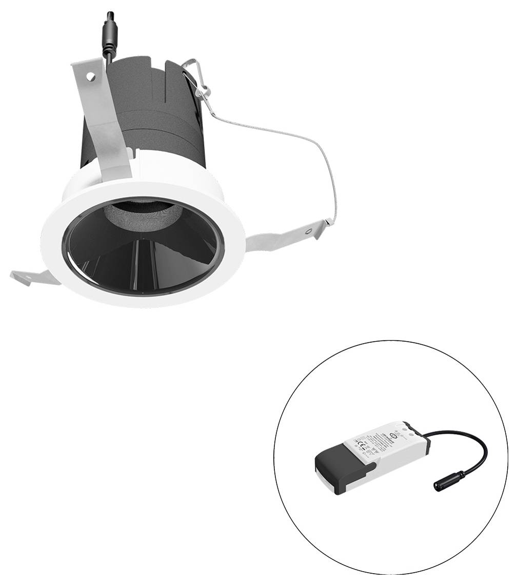 Weiße, eingelassene Downlight-Leuchte mit separatem LED-Treiber, der in einem kreisförmigen Einsatz dargestellt ist und zeigt, dass die Leuchte ein externes Netzteil enthält.