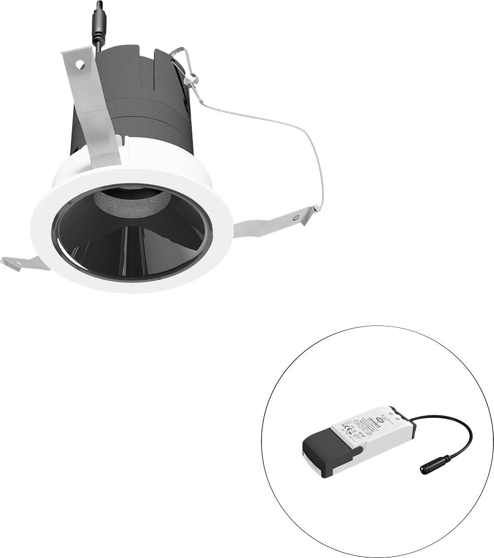 Eingebaute LED-Downlight-Leuchte mit Treiber, der in einem Insetkreis dargestellt ist und die Leuchte und ihre Stromversorgungskomponenten anzeigt.
