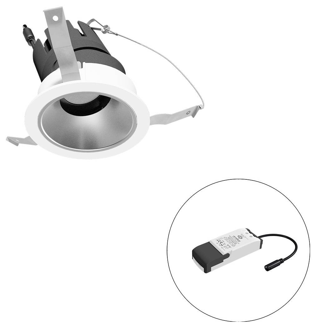 Eingebauter LED-Einbaustrahler mit Federclips, plus externes Treibermodul in einem Ausschnittkreis dargestellt.