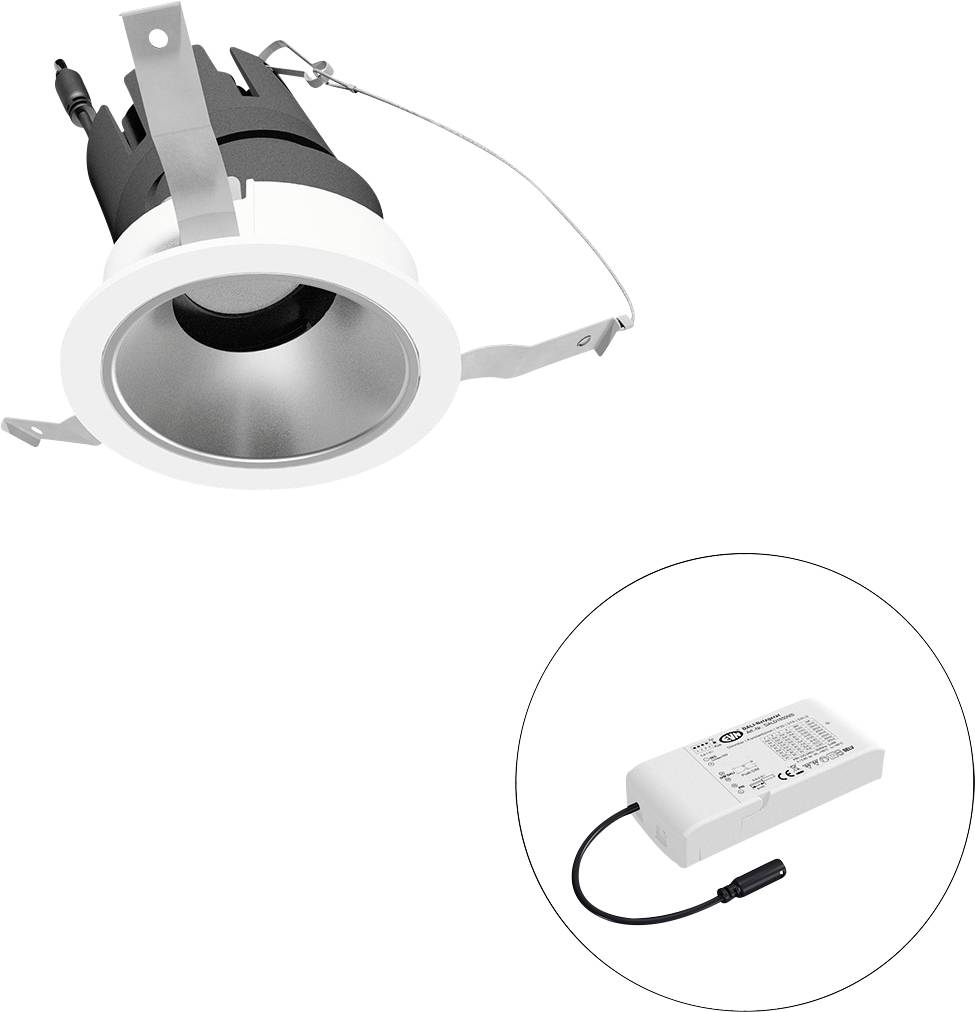 Eingebauter LED-Deckenspot mit Federklemmen, zusätzliche separate Stromversorgung des Treibers im Detailkreis dargestellt.