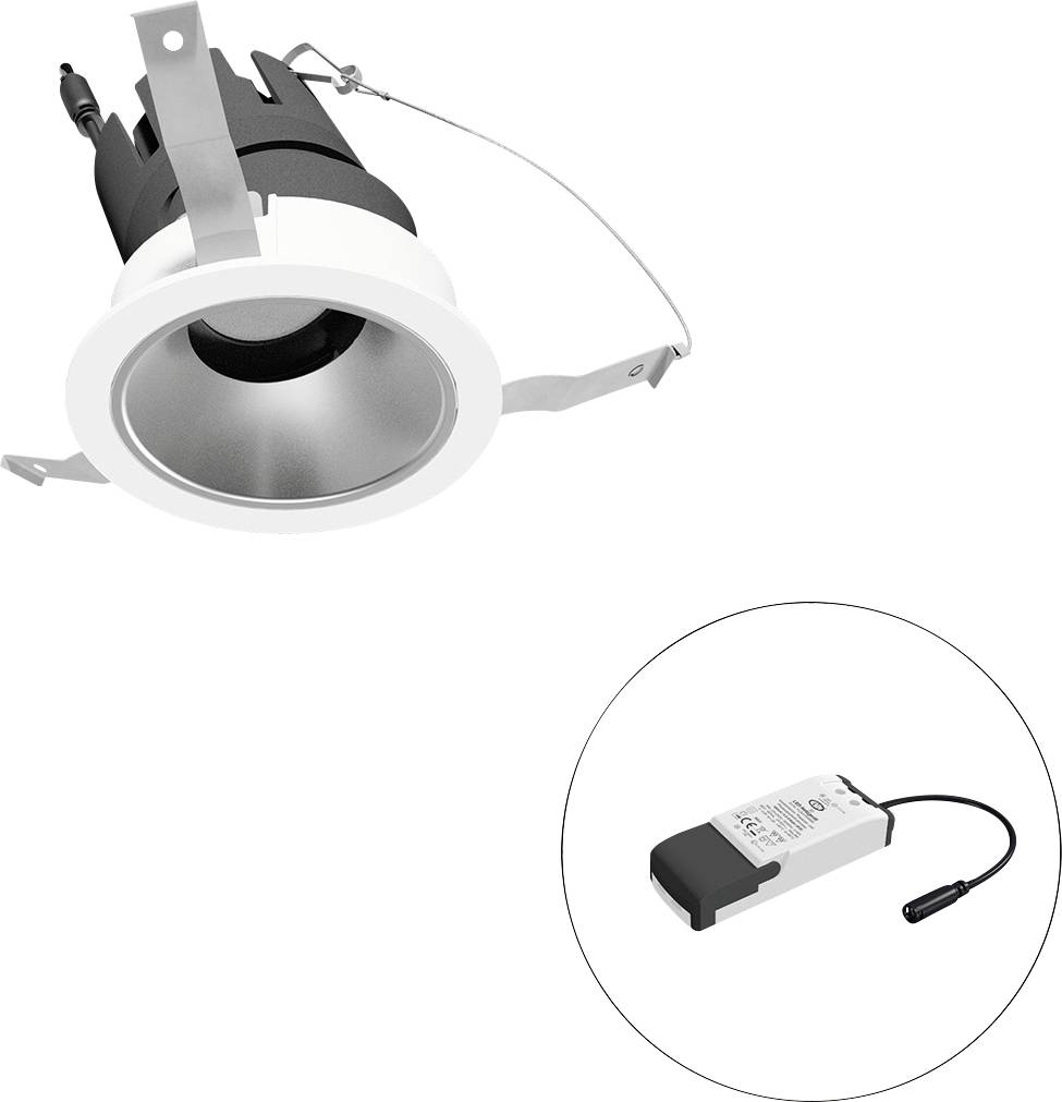 Eingebaute Deckenleuchte mit Federclips und angebrachtem Treibermodul, in einem Insetkreis dargestellt.