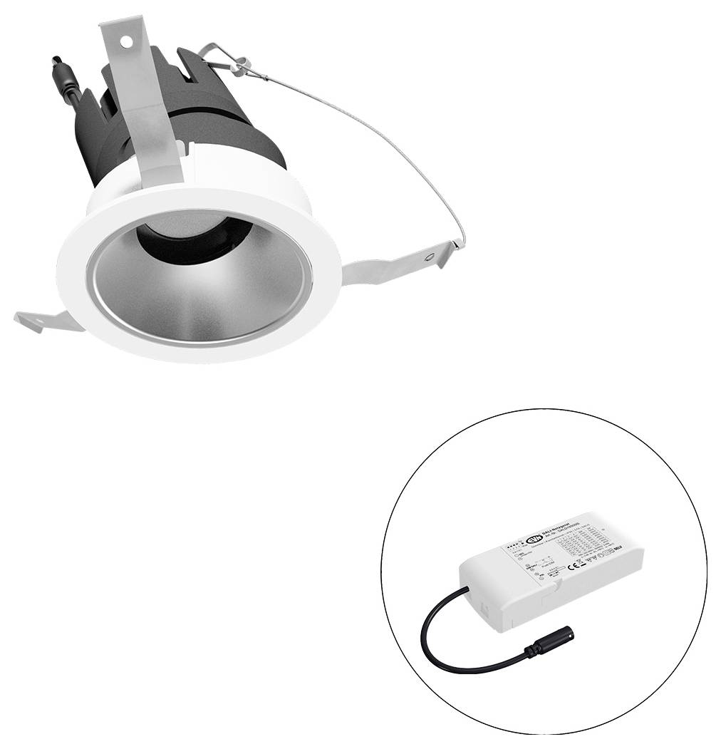 Eingelassene LED-Einbauleuchte mit Federklemmen und externem Treiber, dargestellt in einer kreisförmigen Einfügung.