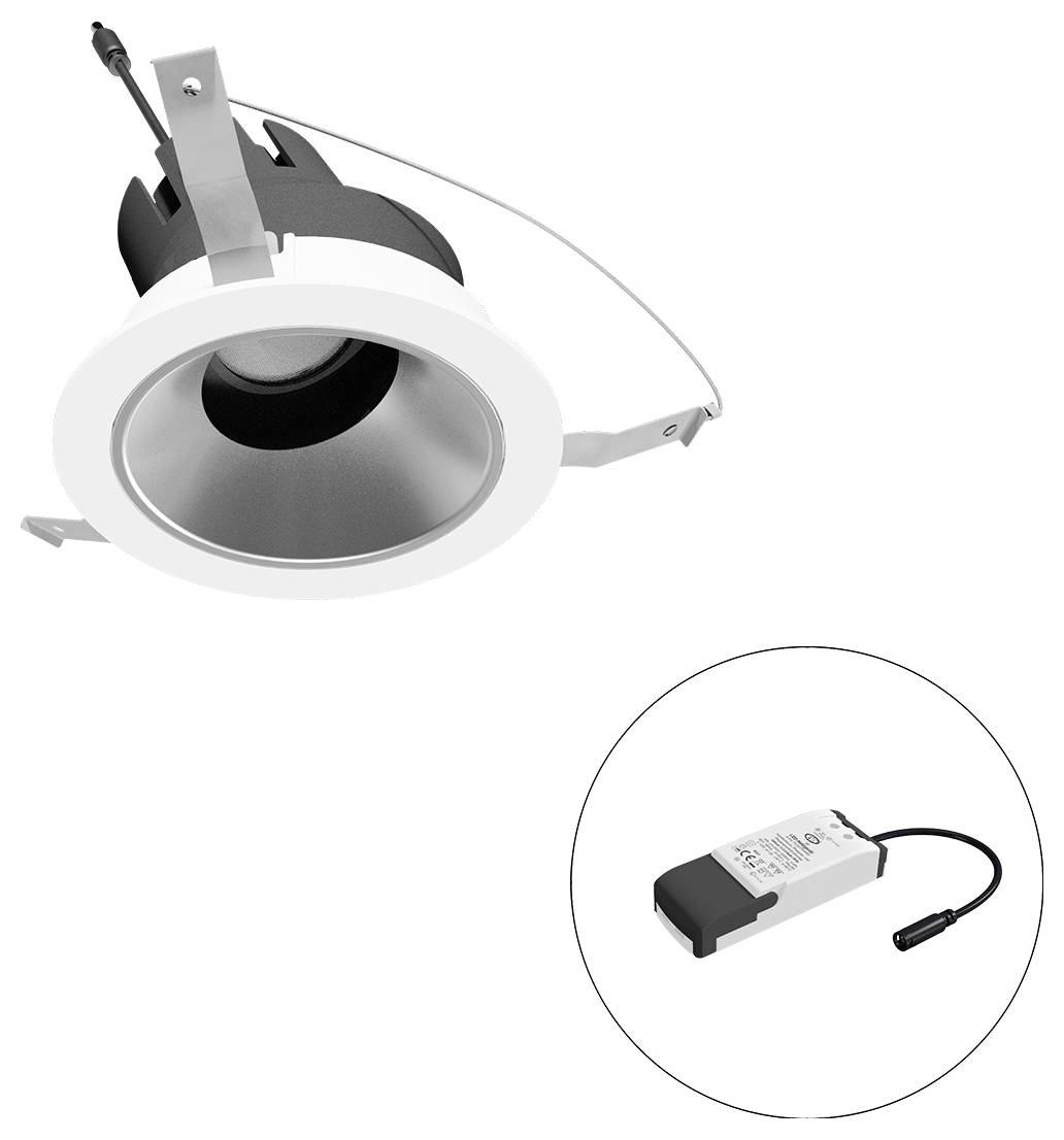 Eingebauter LED-Downlight mit Federklemmen, dargestellt mit einem separaten Treiber in einer kreisförmigen Einfassung.