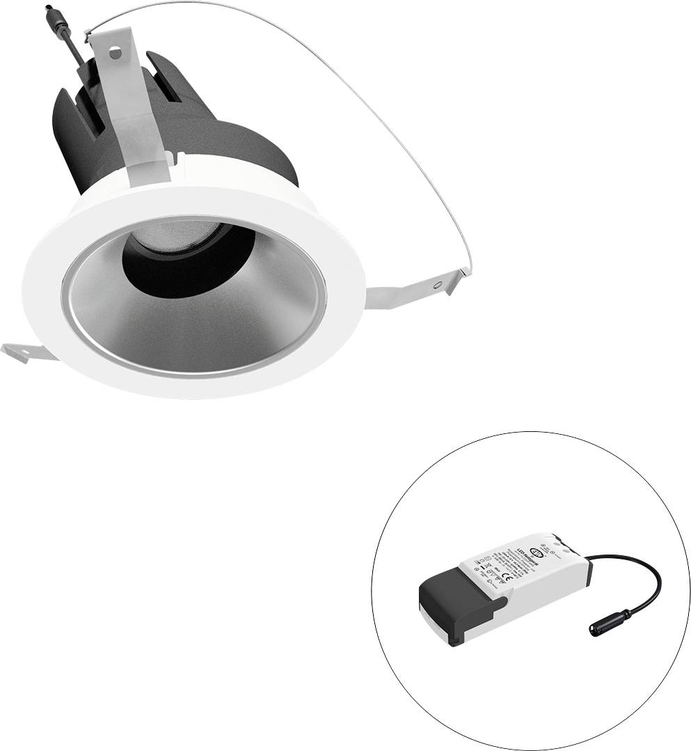 'LED-Einbauleuchte und Treiber'. Zeigt eine silberne LED-Einbauleuchte mit kreisförmigem Rand. Rechts unten ist ein rechteckiger LED-Treiber abgebildet.