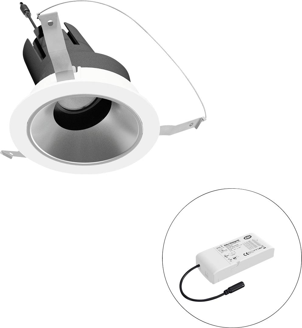 Bündig eingebautes Downlight-Leuchtengehäuse mit separatem LED-Treiber in einer kreisförmigen Vergrößerung dargestellt.