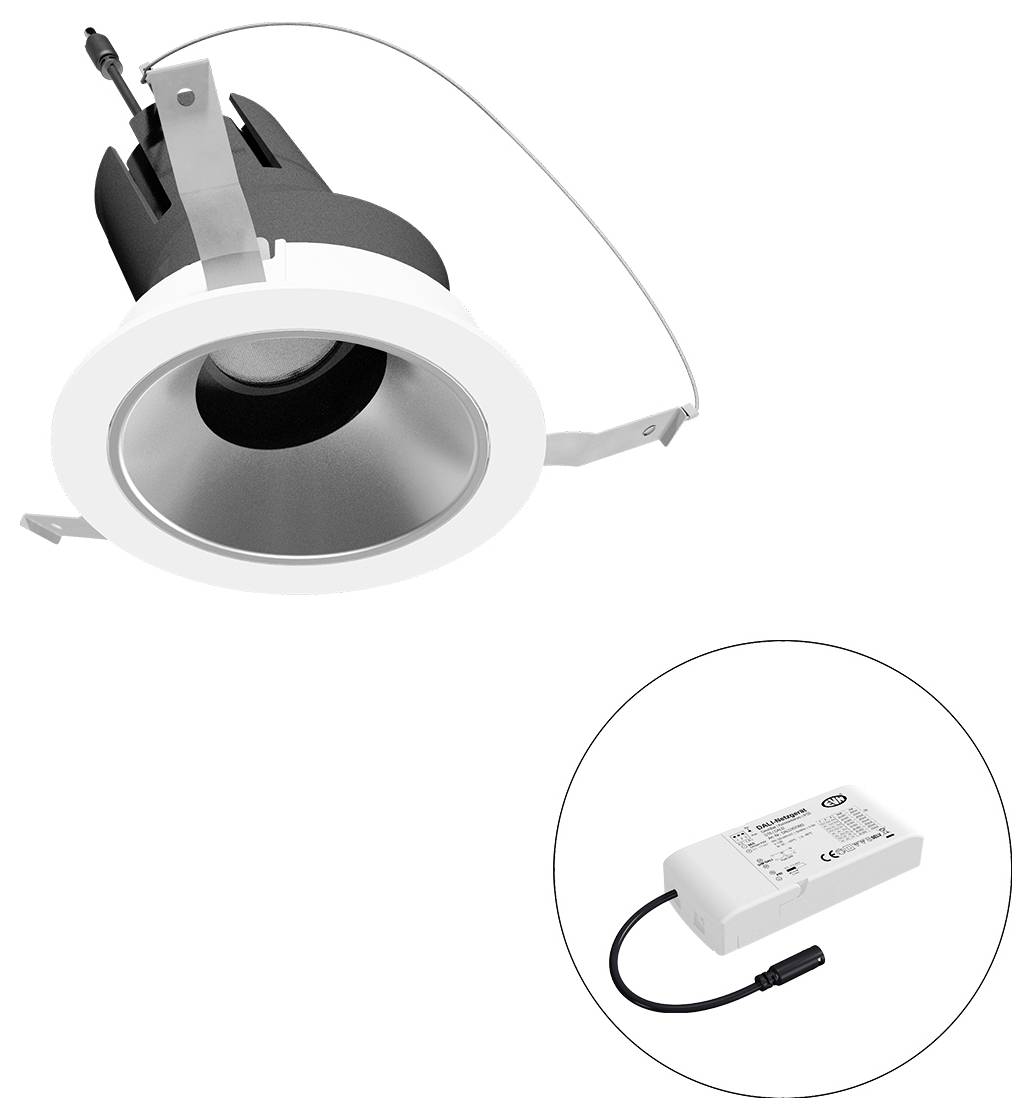 Bündiges LED-Einbaustrahler mit Federclips und separatem Treiber, der in einem Insetkreis dargestellt ist.