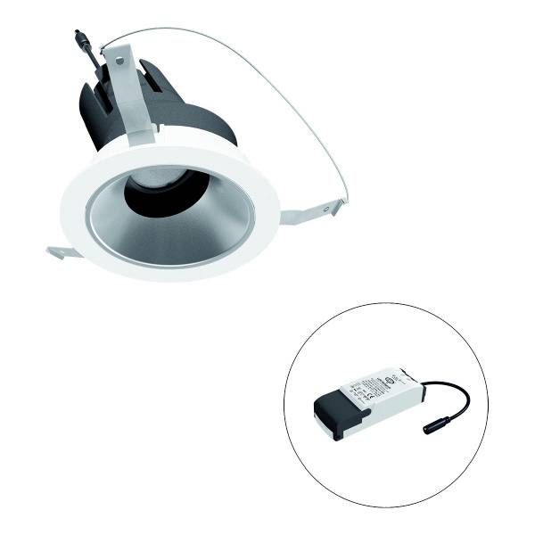 LED-Einbaustrahler mit rundem weißen Rahmen und integriertem Kabel. Zeigt digitales Vorschaltgerät als separates Modul im Kreis.