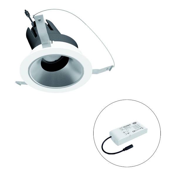 Einbau-LED-Downlight mit weißem Rand und externem LED-Treiber in einem separaten Bildkreis. Geeignet für Deckeneinbau.
