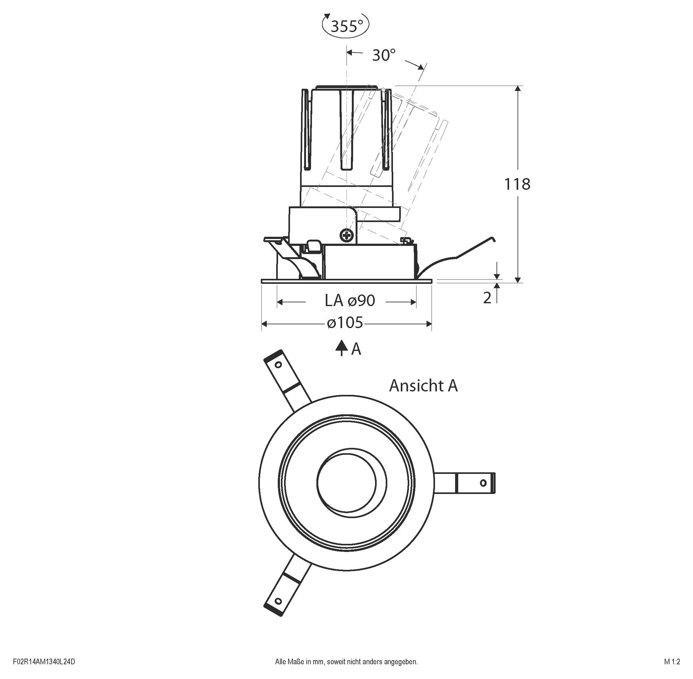 Technische Zeichnung eines runden mechanischen Bauteils mit Seiten- und Draufsicht, mit Abmessungen einschließlich 118 mm Höhe, Ø105 und LA Ø90, plus 355° Drehung und 30° Neigung.