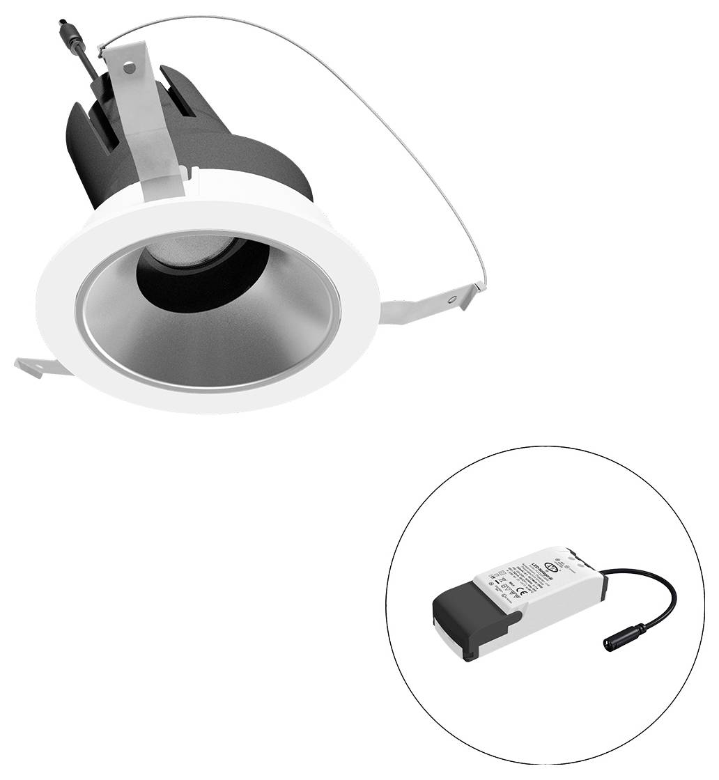 Eingebauter LED-Downlight mit Federklammern und separatem Vorschaltgerät, das im Ausschnittkreis dargestellt ist.