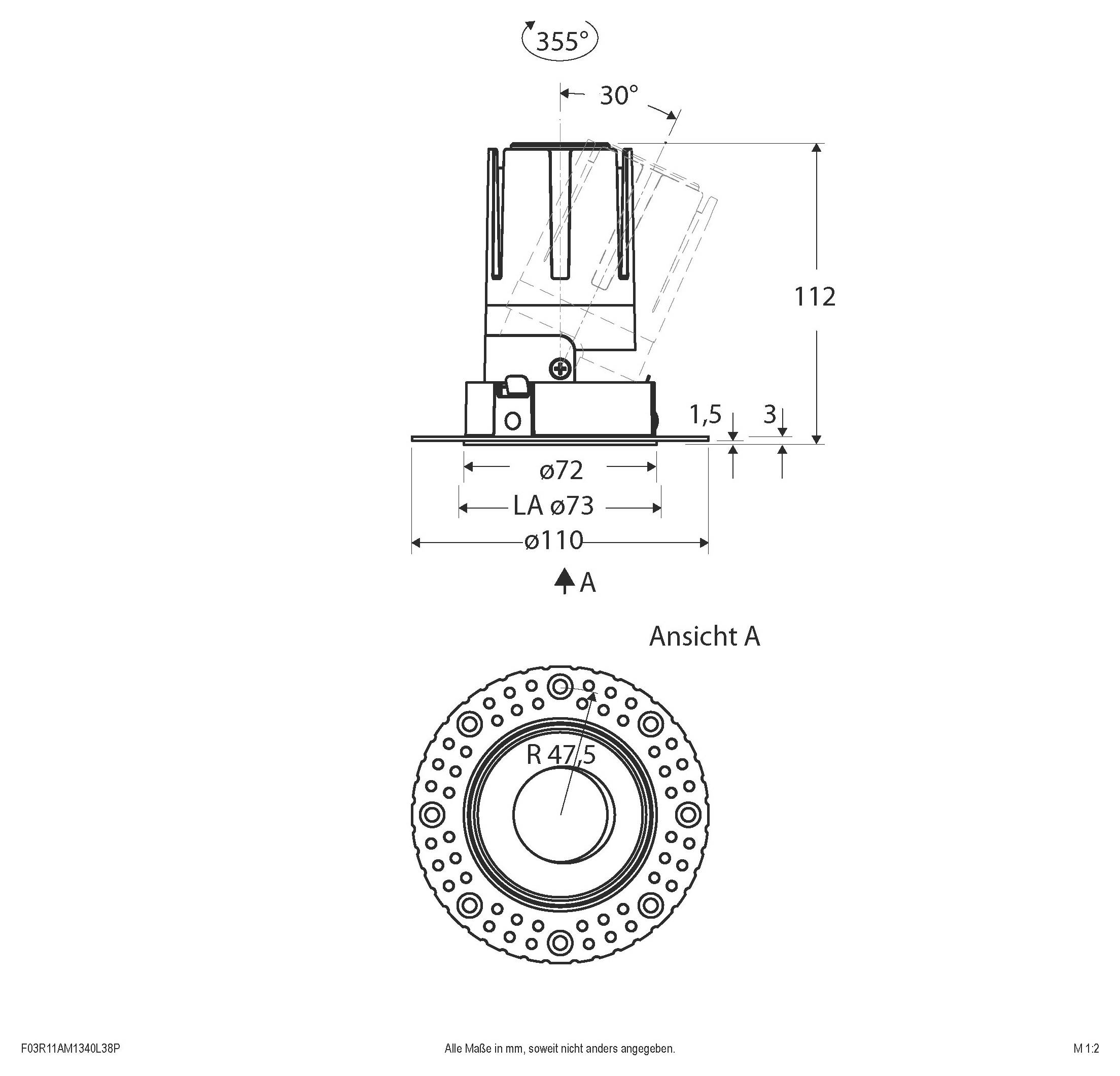 Technische Zeichnung eines zylindrischen Bauteils mit Seiten- und Vorderansicht mit Maßangaben, einschließlich 355° Rotation, 30° Winkel, 112 Höhe und Durchmessern ø72, ø73, ø110.