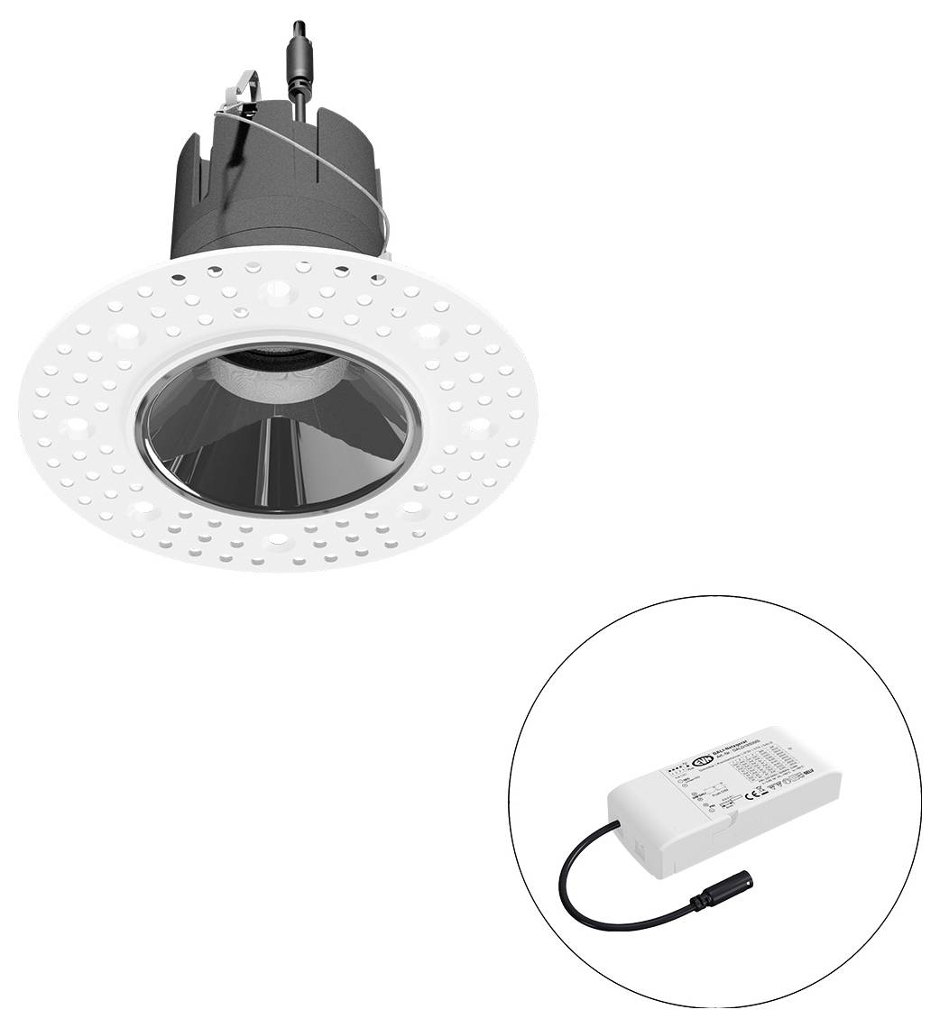 Eingebaute LED-Einbauleuchte mit weißem perforierten Blendring und angebautem Treiber, in einem Ausschnittkreis dargestellt.