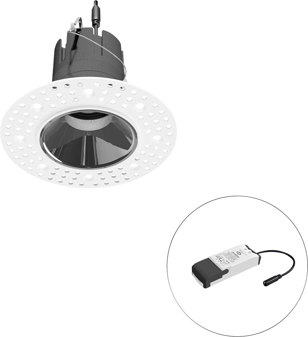 Eingelassene LED-Einbauleuchte mit perforierter weißer Blende, dargestellt mit ihrem separaten Treibermodul in einem eingekreisten Kreis.