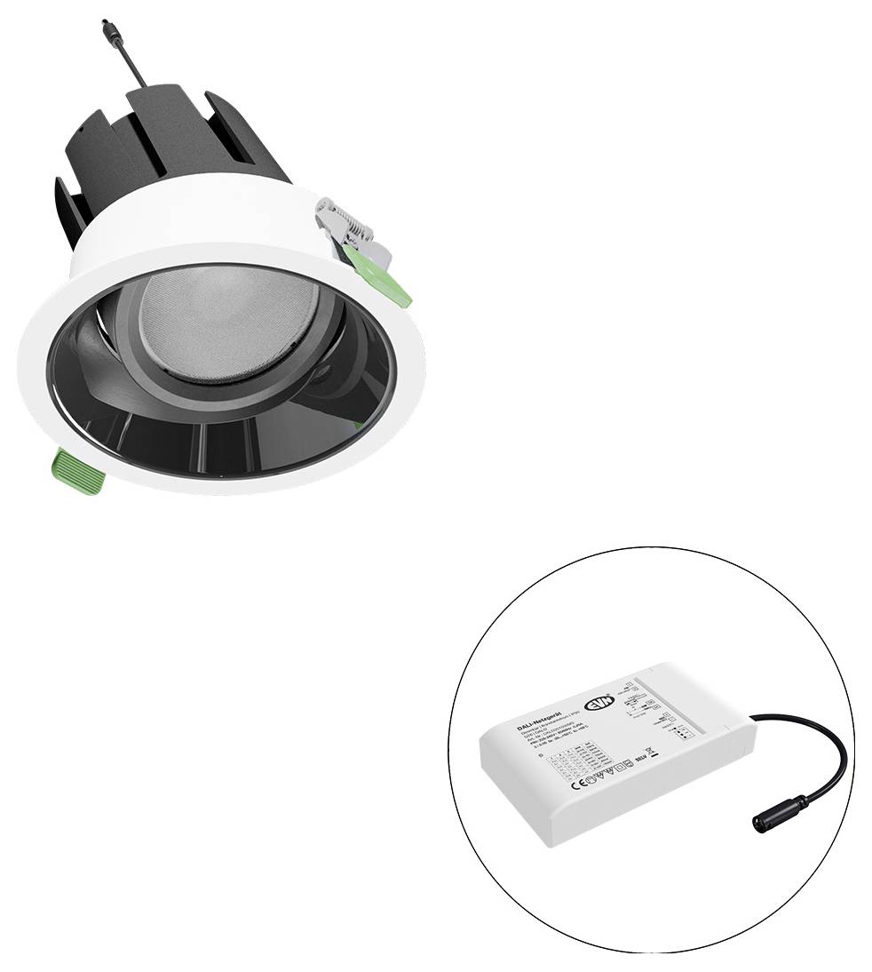 Eingebaute LED-Einbauleuchte mit Federklemmen, gezeigt mit externem Trafo im Inset-Kreis.