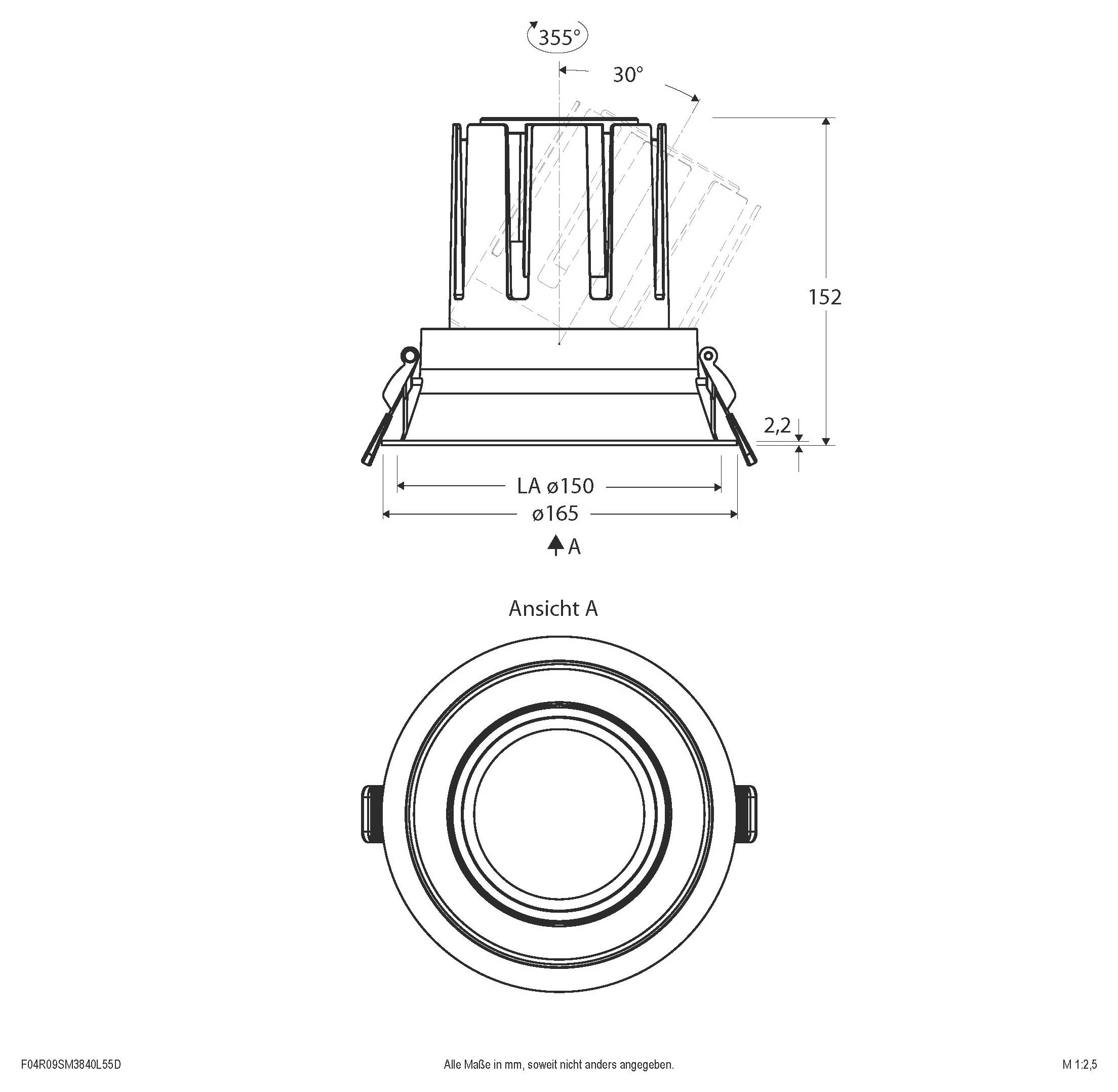 Technische Zeichnung einer runden Leuchte mit Vorder- und Draufsicht mit Abmessungen 150/165 mm Durchmesser, 152 mm Höhe und Rotationswinkeln von 355°/30°.