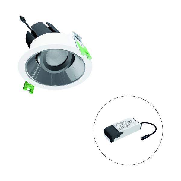 LED-Deckeneinbaustrahler und Treiber. Weißes Gehäuse mit grünem Befestigungselement. Runde Form, modernes Design.