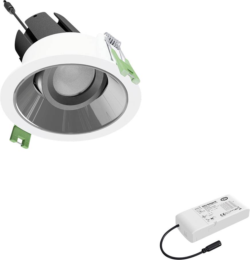 Eingebauter Deckenspot mit Montageclips und angeschlossener Treibernetzteilversorgung, gezeigt auf weißem Hintergrund.