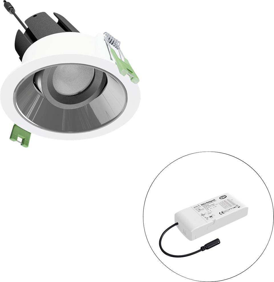 Eingebauter Deckeneinbauspot mit verstellbaren grünen Federklammern und separatem LED-Treiber, dargestellt in einer kreisförmigen Detailvergrößerung.