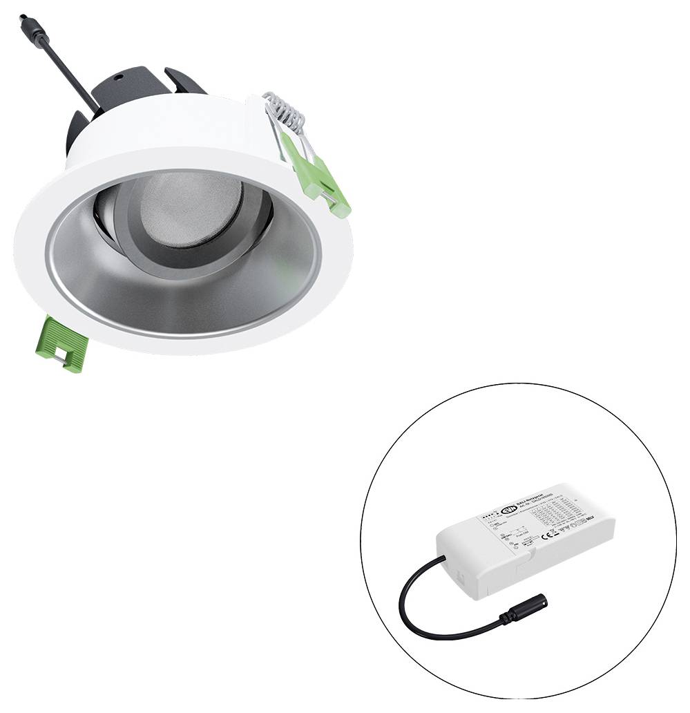 Eingebauter Deckendownlight mit Federklemmen und separater Treibernetzteilversorgung, die in einem eingefügten Kreis dargestellt ist.