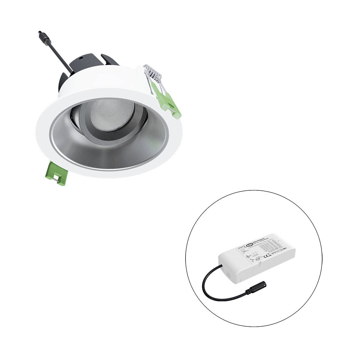 Runde, weiße LED-Einbauleuchte mit schwarzem Innenraum und grünem Clip. Separates, weißes Netzteil mit Kabel.