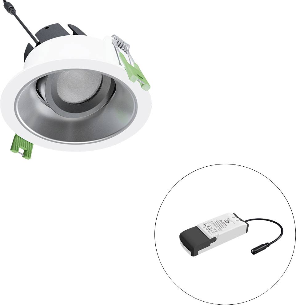 Eingebauter LED-Einbaustrahler mit weißer Blende und verstellbaren Klammern, plus ein separates Treibermodul in einer kreisförmigen Vergrößerung dargestellt.