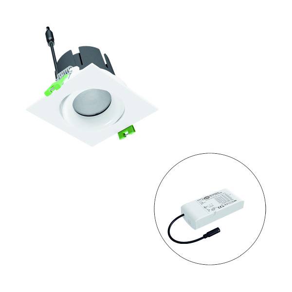 Ein quadratischer LED-Deckenspot mit kreisförmigem Einsatz und integrierter Verkabelung neben einem rechteckigen, weißen Netzteil.