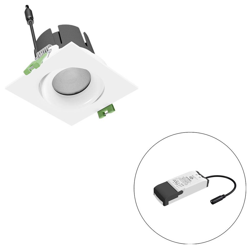 Eingelassene LED-Einbauleuchte mit Federklemmen und separatem Treibermodul, das in einem Ausschnittkreis dargestellt ist.