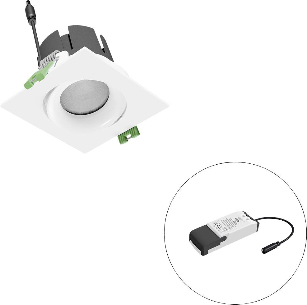 Rechteckige LED-Einbauleuchte mit Treiber und Verkabelung, plus eine Detailansicht des Stromversorgungsmoduls.