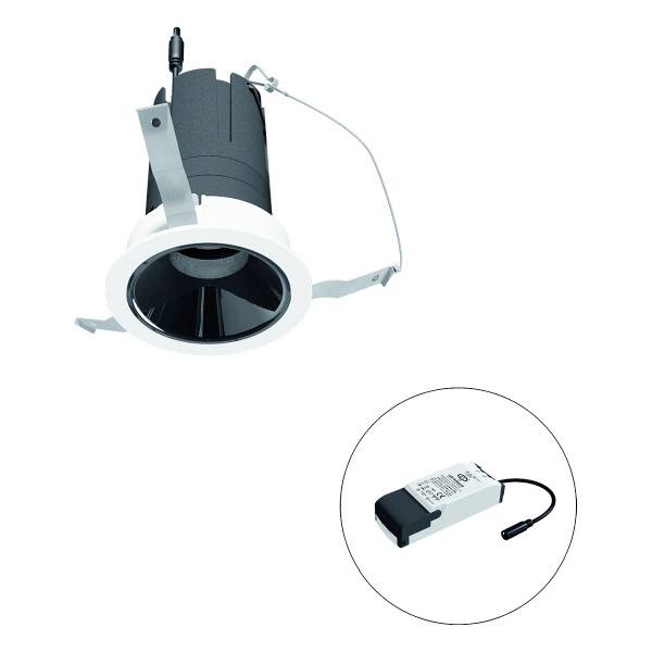 LED-Einbaustrahler mit rundem weißem Rahmen, schwarzem Innenreflektor, und separatem rechteckigem Transformator.