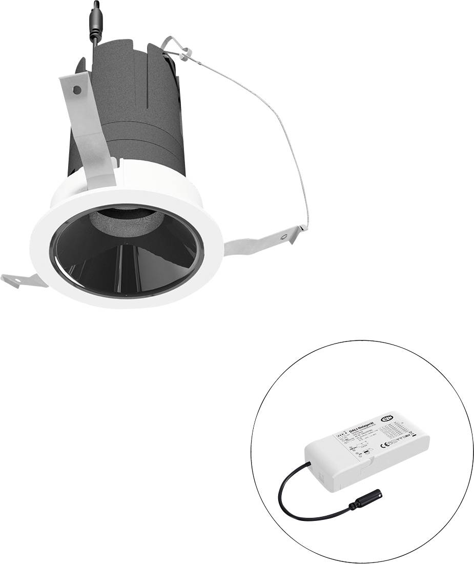 Eingebaute LED-Einbauleuchte mit Federclips und einem externen Vorschaltgerät, das in einem Insetkreis dargestellt ist.