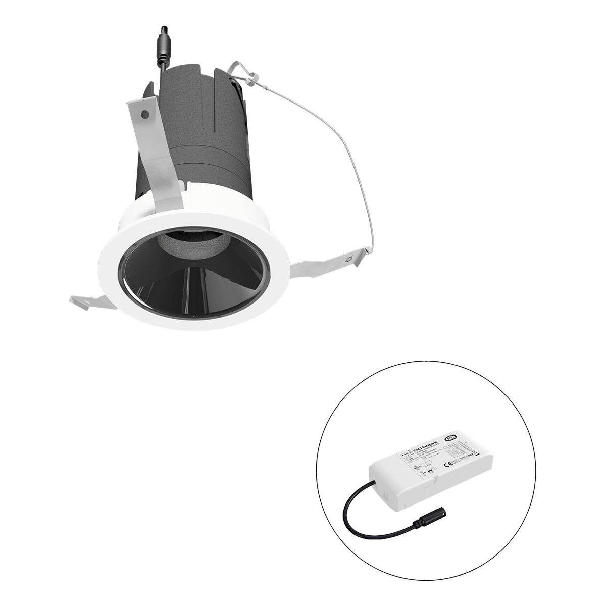 Einbauleuchte mit schwarzem Innenraum und weißem Rand, abgebildet mit einem separaten Netzteil. Ideal für Deckenbeleuchtung.
