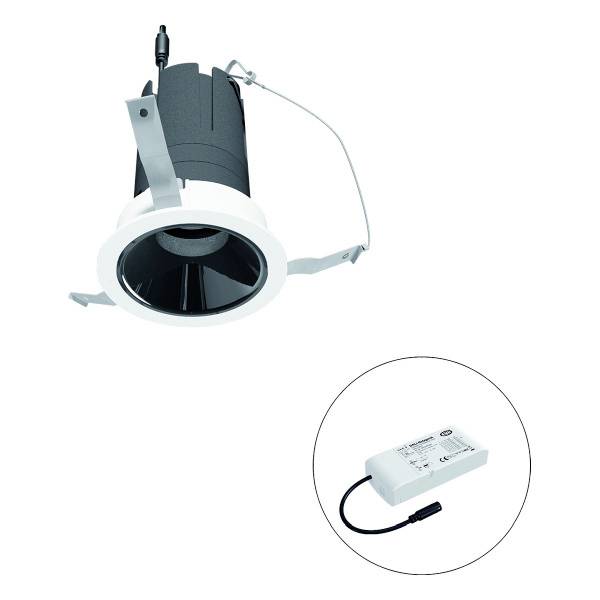 Einbaustrahler, rund, mit schwarzem Innenreflektor und weißer Einfassung. Neben einem separaten Netzteil mit Kabel.