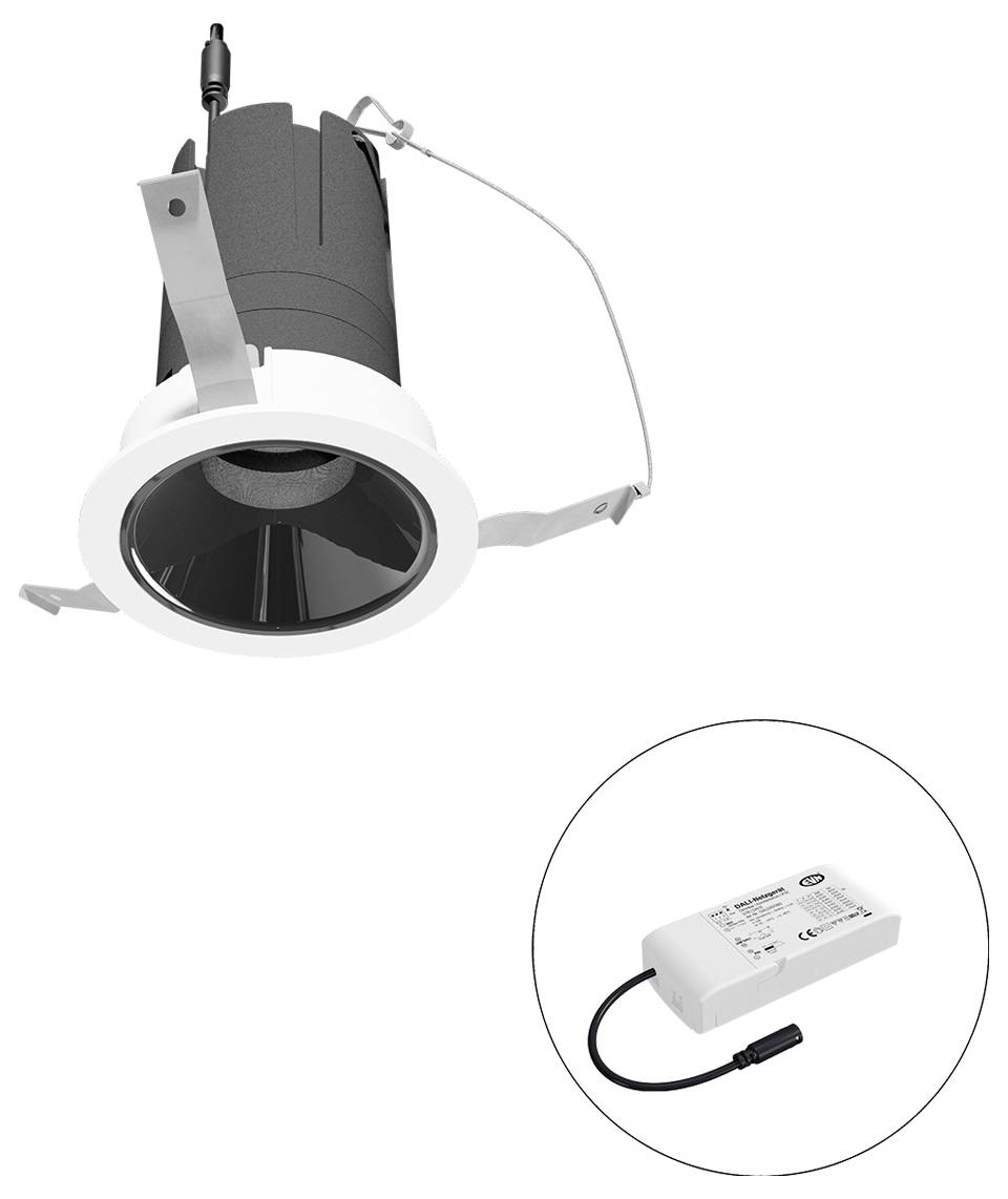 Eingebauter verstellbarer Strahler mit Federklammern, dargestellt mit separatem LED-Treibernetzteil in der Vergrößerung.