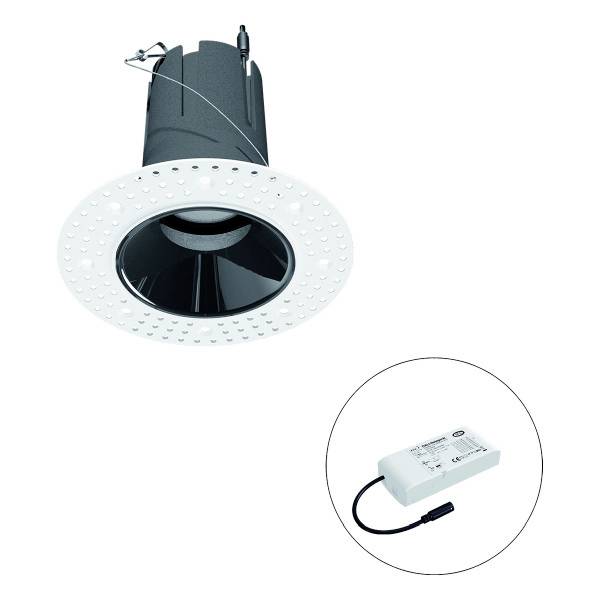 Deckeneinbauleuchte mit weißer runder Abdeckung und schwarzem Reflektor. Inbegriffen ist ein rechteckiges Netzteil mit Kabel.