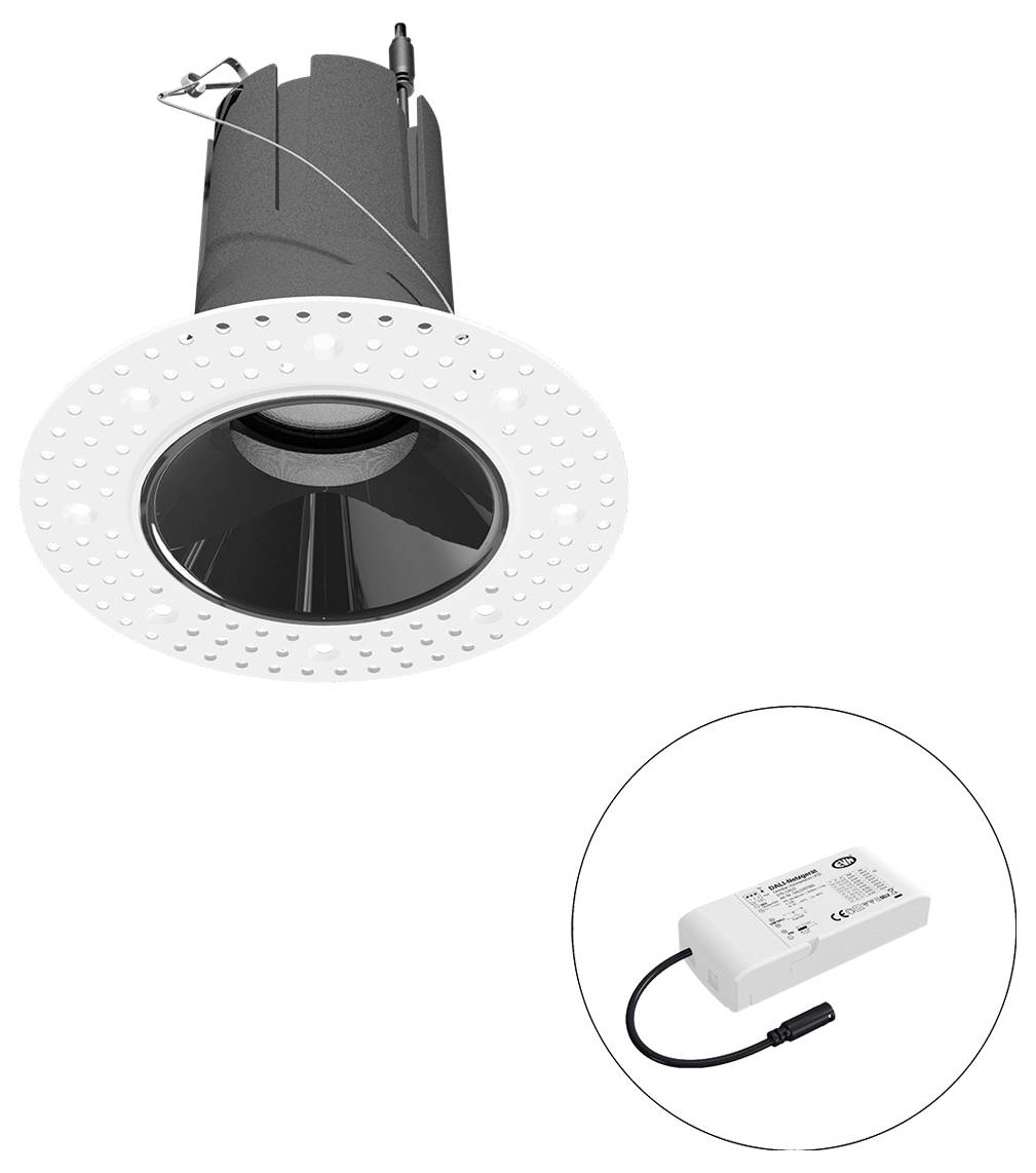 LED-Einbauspot mit weißem perforiertem Rahmen, dargestellt mit seinem separaten Treibermodul in einer kreisförmigen Ausschnittvergrößerung.