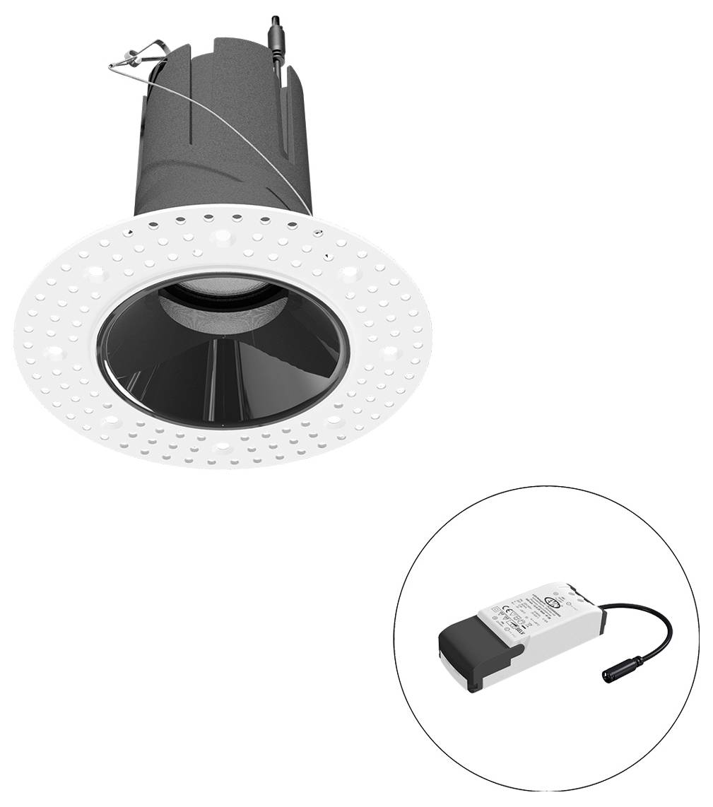 Eingelassene Deckenleuchte mit weißem Perforationszierleisten, gezeigt mit separatem LED-Treiber in einer kreisförmigen Aussparung.