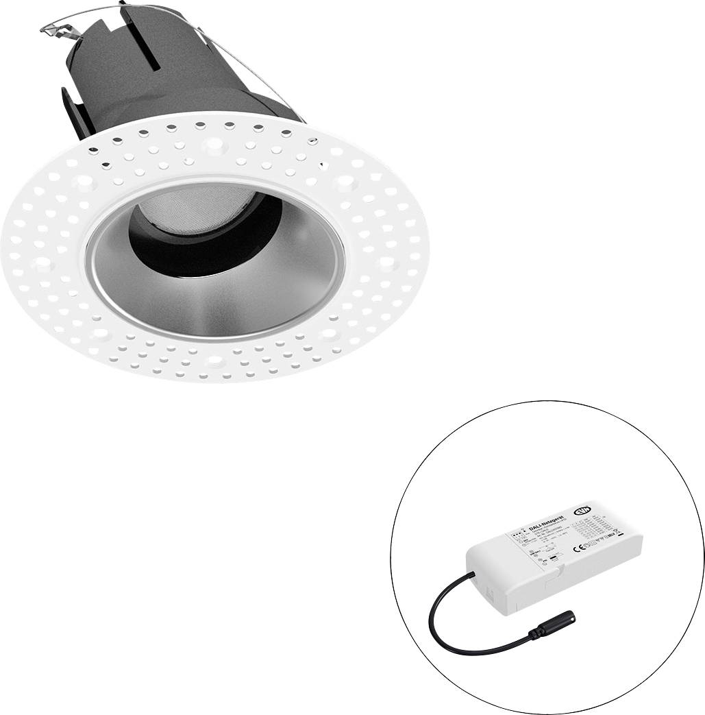 Eingelassene LED-Downlight mit weißem perforierten Rahmen und separatem Treiber, dargestellt in einem Kreis