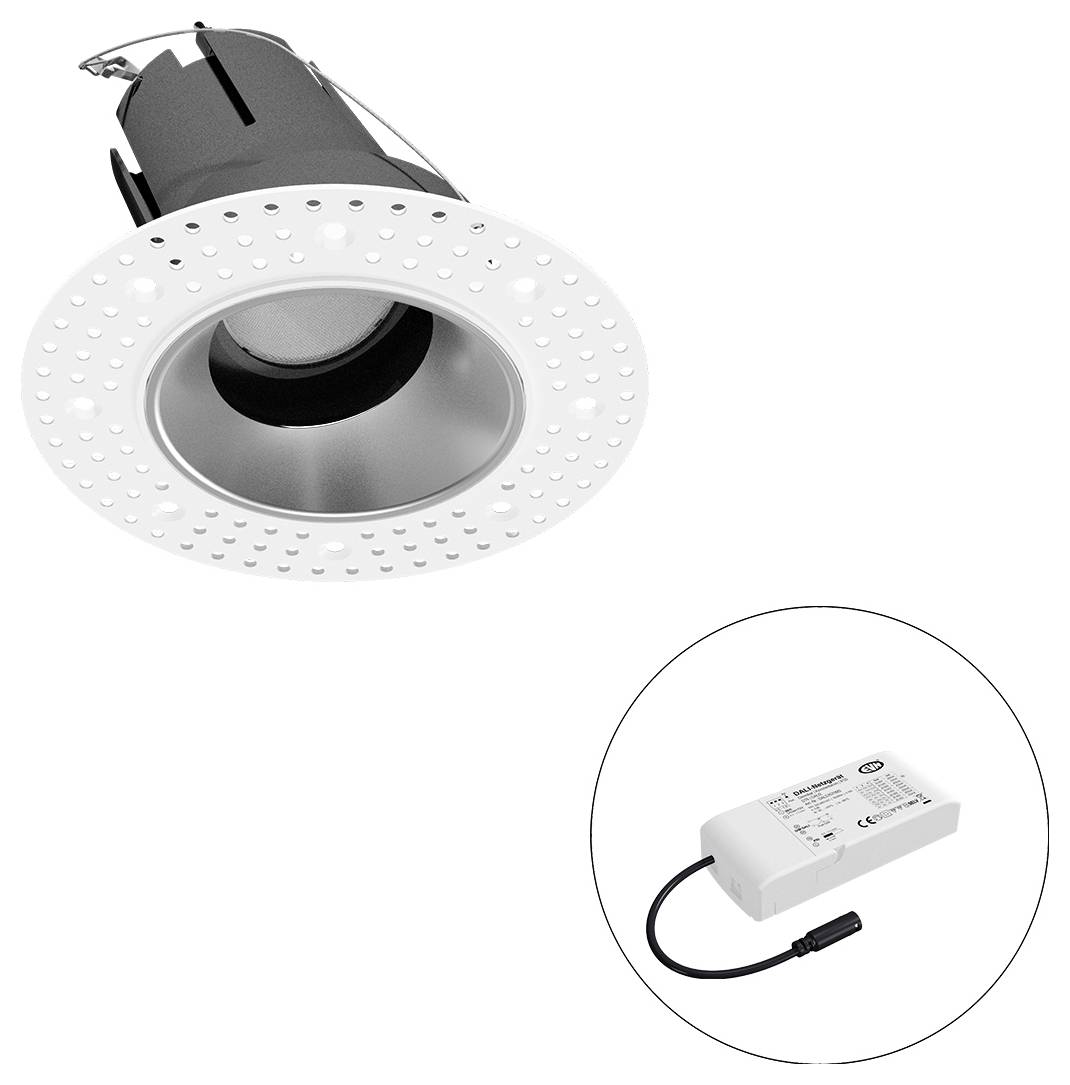 Eingebaute runde LED-Einbauleuchte mit weißem perforierten Rand und schwarzem Kühlkörper, plus separates Treiber-Netzteil im Ausschnitt dargestellt.
