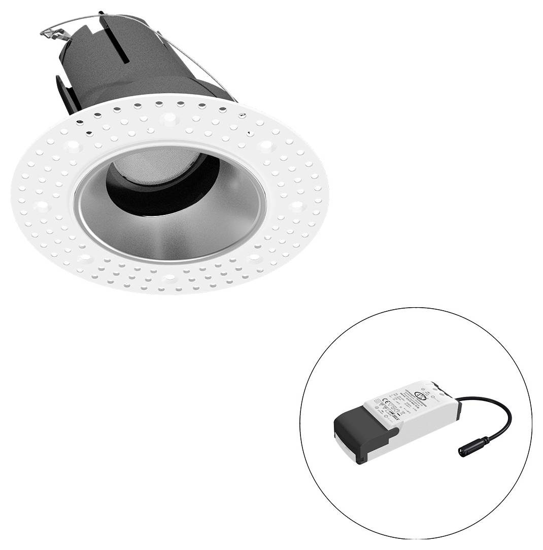Eingebaute LED-Einbauleuchte mit weißem perforierten Rahmen und schwarzem Gehäuse, dargestellt mit einem externen Stromversorgungstreiber in einem Kreis eingefügt.