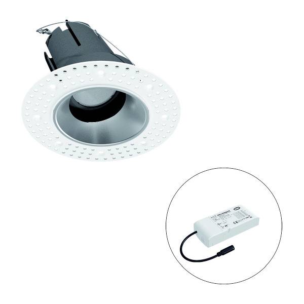 Downlight-Armatur mit einem runden, weißen Gehäuse und integriertem LED-Treiber. Geeignet für Deckenmontage.