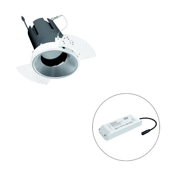 Einbaustrahler mit weißem Rahmen und elektronische LED-Treiber im separaten Gehäuse; geeignet für Deckenmontage.