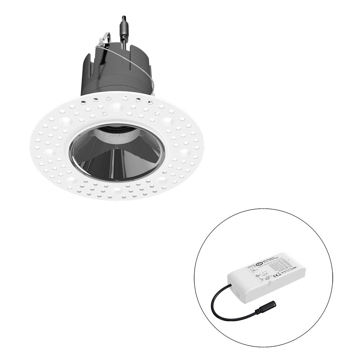 Einbauleuchte mit schwarzem Innenschirm und weißer Lochblende, daneben ein separater weißer, kabelgebundener Transformator.